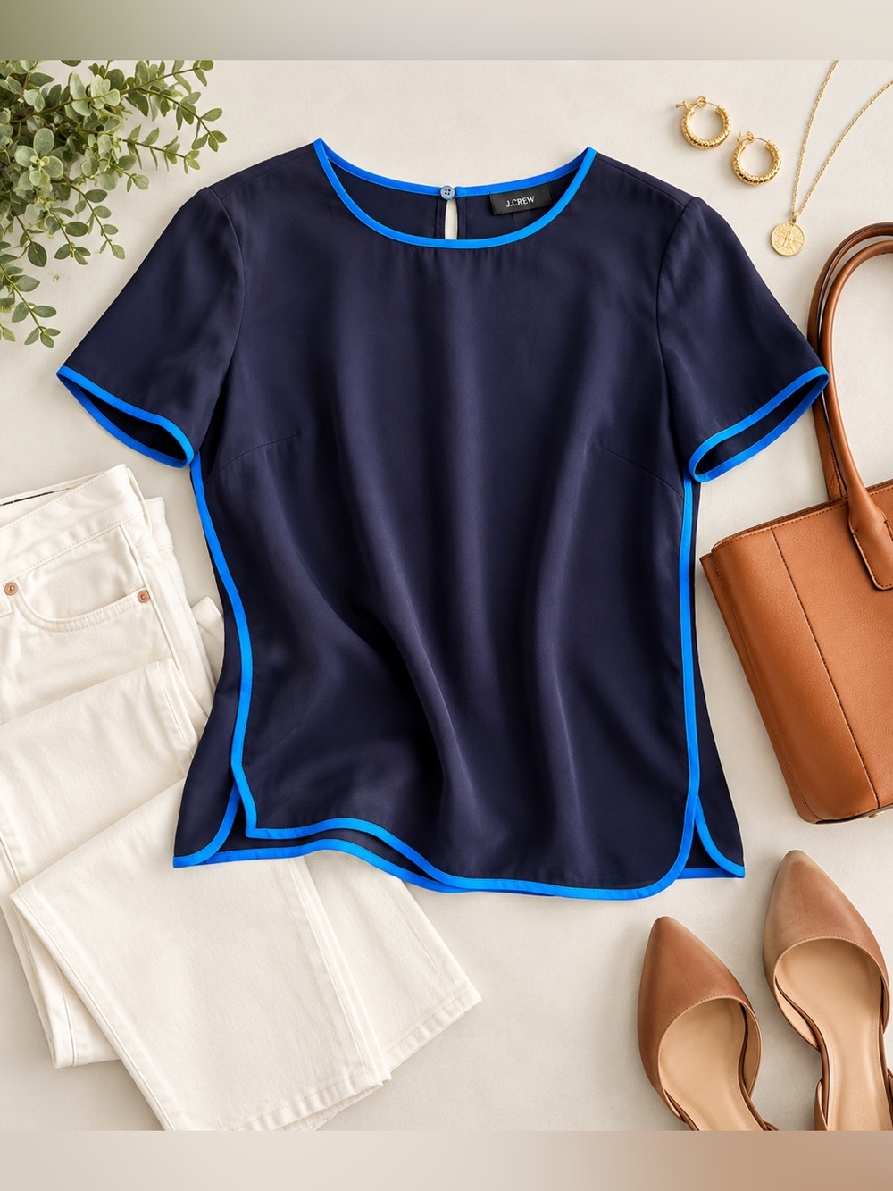 J.Crew Navy Blue Silk Blouse Size 0 Bright Blue Trim Short Sleeve Top